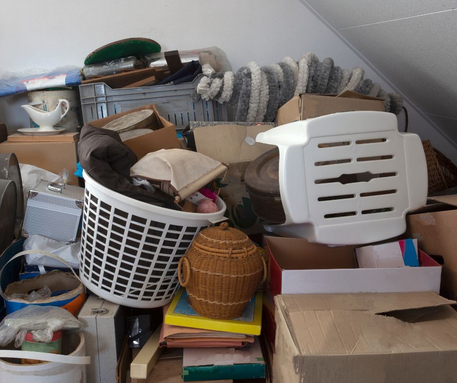 Household items piled up in a attic inside of a home